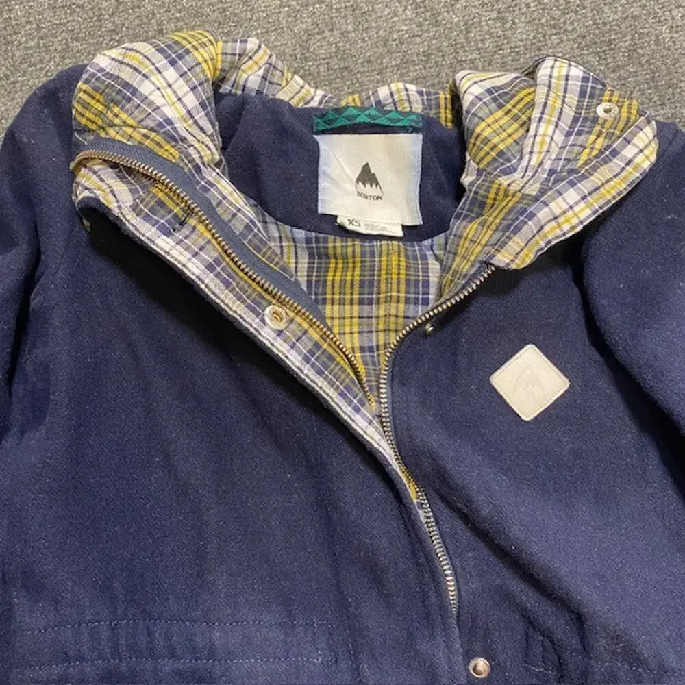 Burton Kindling Wool Blend Hooded Jacket Coat Navy Blue Womens XS Plaid Lined